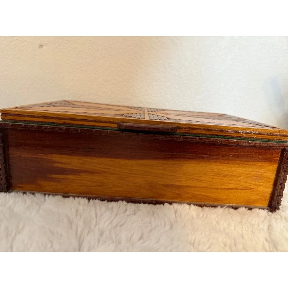 Antique tramp art wooden Box with Intricate Inlay Design Trinket Jewelry Storage